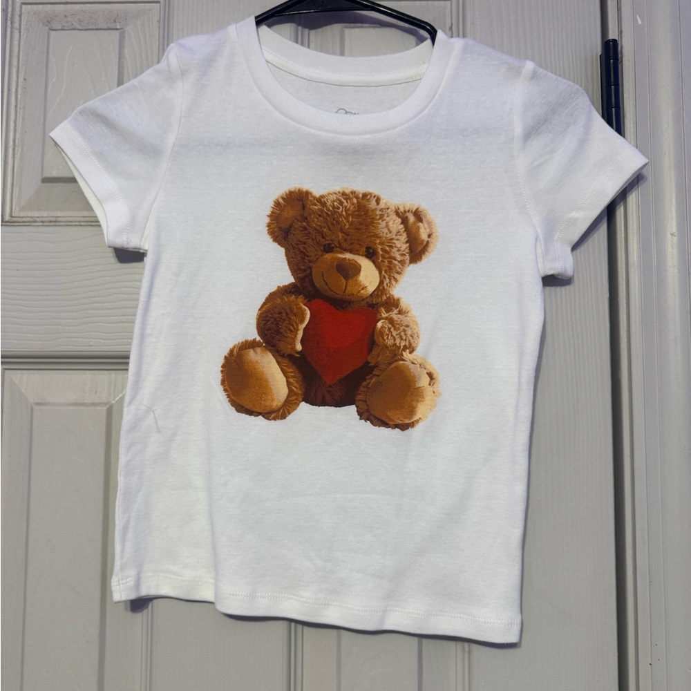 White Tee with Brown Teddy Holding Red Heart